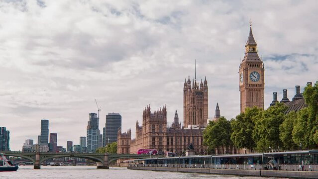 Cinematic moving shot of London Westminster Bridge, Palace of Westminster Big Ben and Thames River England, United Kingdom on a beautiful sunny day