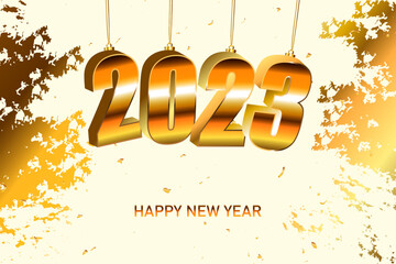Happy new year 2023 greeting card with 2023 golden shiny numbers