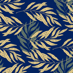 Willow branches and leaves, golden on dark blue background. Seamless pattern with hand drawn illustration