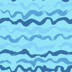 Seamless Blue Waves Hand Drawn Sea Style Pattern.