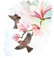 blossom magnolia floral composition with sparrow