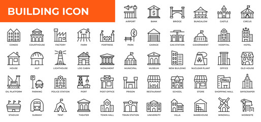 Building line icons collection. UI web icons set in a flat design. Outline icons pack. Architectural icons - obrazy, fototapety, plakaty