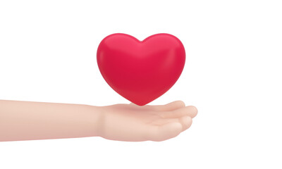 A heart on hand on transparent background for Happy Mother's or Valentine's Day greeting card design. 3D Illustration.