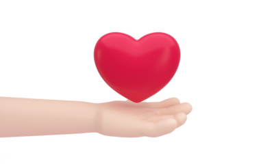 A heart on hand on transparent background for Happy Mother's or Valentine's Day greeting card design. 3D Illustration.