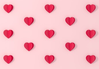Origami red heart symbols on pink background.