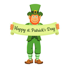 Leprechaun greets and holds up a St. Patrick's Day banner. A red-bearded, happy Irishman in a green suit and hat. Vector illustration of a fairy tale character