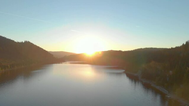 4l Aerial View Over Lake At Sunset, Summer Season
