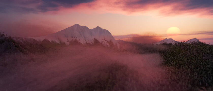 Colorful Mountain Landscape covered in fog and snow. Cloudy Sunset Sky. Nature Background. 3d Rendering Art.