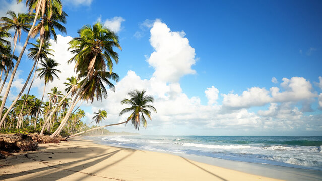 Tilted palm trees at the beautiful tropical beach. Waves of turquoise sea on the sandy shore