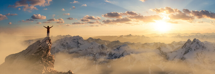 Adventurous Woman Hiker standing on top of icy peak with rocky mountains in background. Adventure Composite. 3d Rendering rocks. Aerial Image of landscape from BC, Canada. Sunset Sky