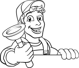 Plumber Cartoon Plumbing Drain Plunger Handyman