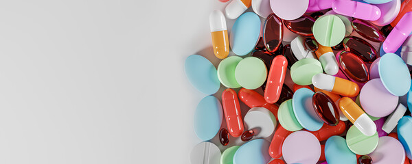 Many colorful pills, medicines. Pills supplements Background. Various pills and capsules as daily vitamins and supplements concept. Medicine pills. top view. copy space