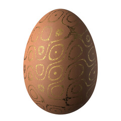 Easter egg in brown color with an abstract golden pattern on the egg. Brown Easter egg. Isolated on a white background. 3d render.