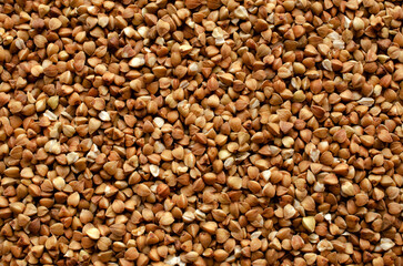 Buckwheat grains background, texture, top view. Dry grains of buckwheat, background, top view. Buckwheat kernel, background. Pile of buckwheat, background, texture, top view.