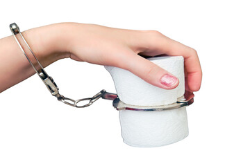 Female hand handcuffed to toilet paper, close-up, isolated on a white background. Concept of...
