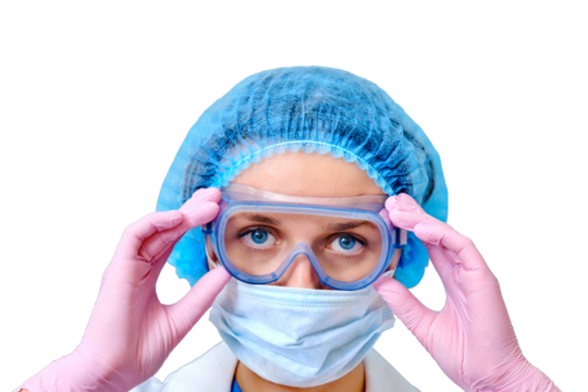 A nurse on a adjusts medical goggles on her face, isolated on a white background. Doctor in a protective mask and clothing for the treatment of coronavirus, close-up portrait