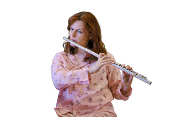 Recording an online flute lesson from your home kitchen, isolated on a white background. Woman...