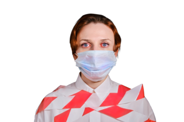 Tied woman in a white shirt and a medical mask, isolated on a white background. Concept of people who are isolated in a coronavirus quarantine