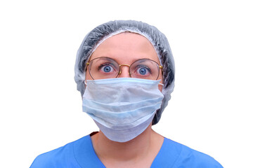 Portrait of a doctor woman with a frightened facial expression, closeup, isolated on a white background. Nurse in a blue uniform and a medical mask on a .