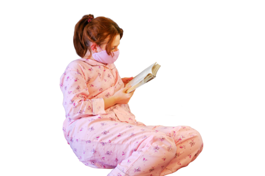 A young woman in a makeshift medical mask lies with the pet during the epidemic of the coronavirus, isolated on a white background. A woman in pajamas on the bed reading a book