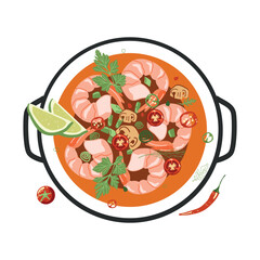 Thai dish tom yam soup on a white background. Asian food. Vector illustration for restaurants, menus, decor