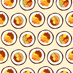 Korean street food seamless pattern. Gimbap rice rolls with different fillings. Asian traditional snacks. Cute doodle background.