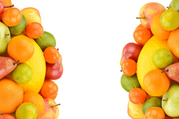 fruits isolated on white background. Collage. Free space for text.