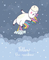Card with cute kawaii unicorn with rainbow mane and horn in anime style