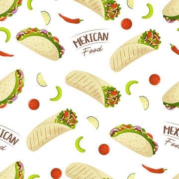 Seamless pattern with mexican food tacos and burritos. Fast food restaurant and street food snacks, meat tortillas, takeaway food deliverypattern 4000