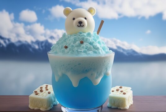 illustration of cute blueberry blue milkshake glass with white bear decoration 