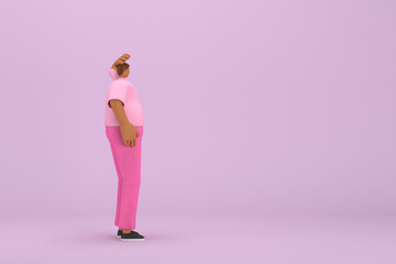 The black man with pink clothes.  He is expression  of body and hand when talking. 3d rendering of cartoon character in acting.