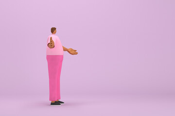 The black man with pink clothes.  He is expression  of body and hand when talking. 3d rendering of cartoon character in acting.