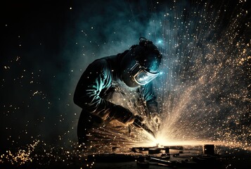 welder is welding metal , industry them bokeh and sparkle background, Generative Ai - obrazy, fototapety, plakaty