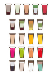 set of bubble tea different colours cup drinks