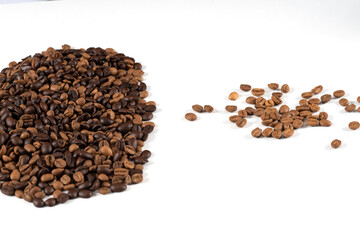 coffee beans side by side on a white background, part of the ground is empty, brand can be placed on it