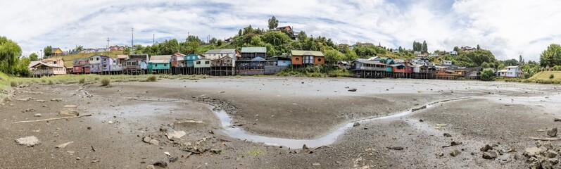 Panorama of the Palafitos de Pedro Montt - colorful stilt houses on Chiloé (Isla Grande de Chiloé) in Chile 