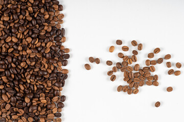 coffee beans side by side on a white background, part of the ground is empty, brand can be placed on it