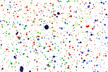 Paint splatters on bright material. Watercolor on white paper.