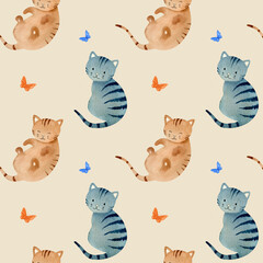 Hand drawn watercolor illustration. Seamless pattern  with red and grey cats.