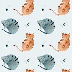 Hand drawn watercolor illustration. Seamless pattern  with red and grey cats on blue background.