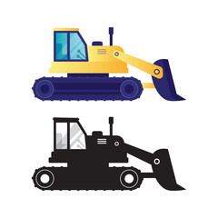 Bulldozer and black silhouette isolated on white background. Construction equipment, hydraulic machine, earthmover. Industrial truck.