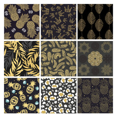 Golden pineapples, crowns, leaves and ornaments of spot panther, snowflakes. Set of vector seamless pattern
