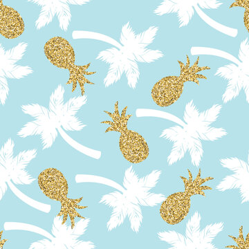 Palms and gold glitter pineapples - vector seamless pattern
