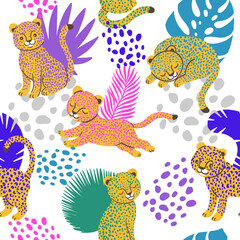 Spot panther in tropics. Vector seamless pattern with hand drawn illustrations of animals
