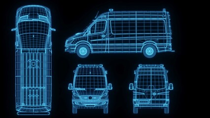 3d rendering illustration Ambulance car blueprint glowing neon hologram futuristic show technology security danger emergency for premium product business finance  