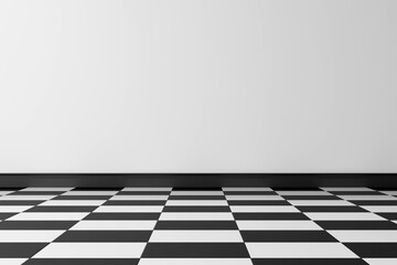 Wallpaper with black and white checkered floor and white walls. 3D Scene.