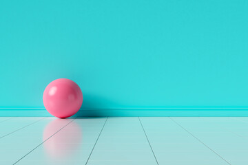 Wallpaper with a light blue tiled background. and dark blue walls There is a pink ball placed. 3D Scene.