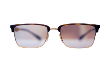 Square glasses with brown frames close up on a store shelf, isolated on a white background