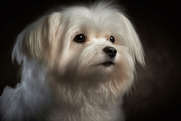 Adorable Maltese dog on dark background. Cute dog portrait. Digital art	
