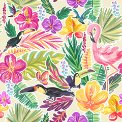 Tropical bird, flowers and leaves . Seamless pattern with hand drawn digital illustration with summer theme
